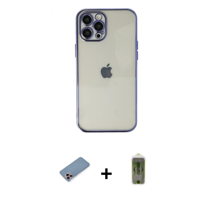 ieg™ iPhone 12 Pro Max Kılıf Vadi Minimal - Siyah Joko Magic 5D Hayalet Cam + Pembe Shine Kamera Lens Koruma Cam