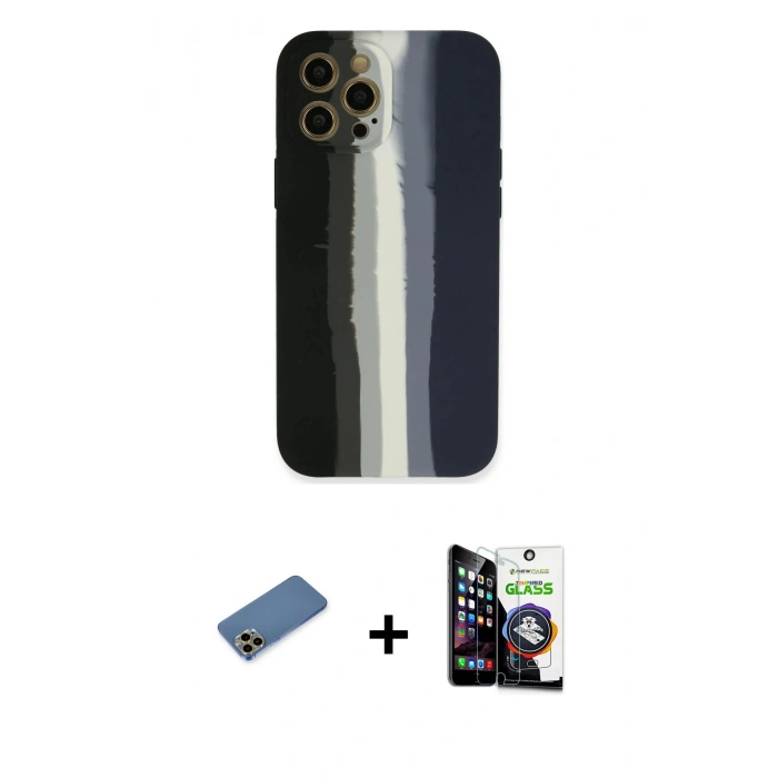 ieg™ iPhone 12 Pro Max Kılıf Yadigar Çizgi - Şeffaf Temperli Cam Ekran Koruyucu + Gold Shine Kamera Lens Koruma Cam