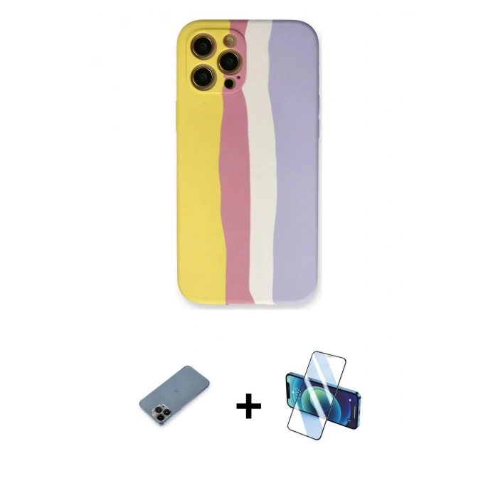 MARSİLYAN™- iPhone 12 Pro Max Kılıf Yadigar Çizgi - Siyah 3D Antistatik Cam Ekran Koruyucu + Shine Kamera Lens Koruma Cam - SH