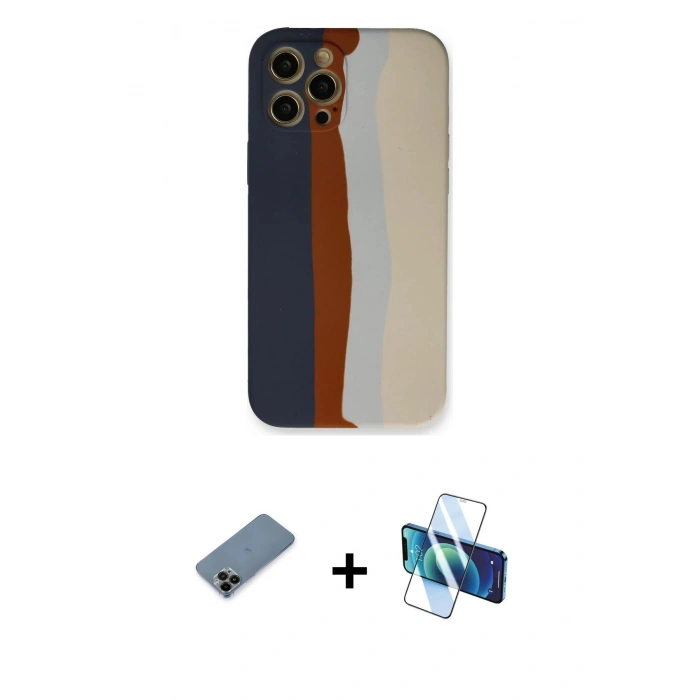 MARSİLYAN™- iPhone 12 Pro Max Kılıf Yadigar Çizgi - Siyah 3D Antistatik Cam Ekran Koruyucu + Shine Kamera Lens Koruma Cam - SH