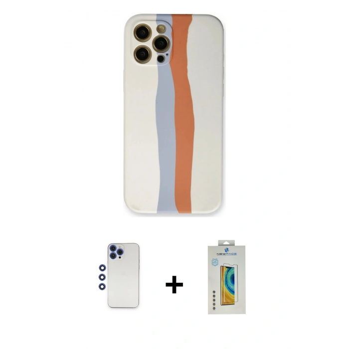 ieg™ iPhone 12 Pro Max Kılıf Yadigar Çizgi - Siyah Polymer Nano Ekran Koruyucu + Lacivert Shine Kamera Lens
