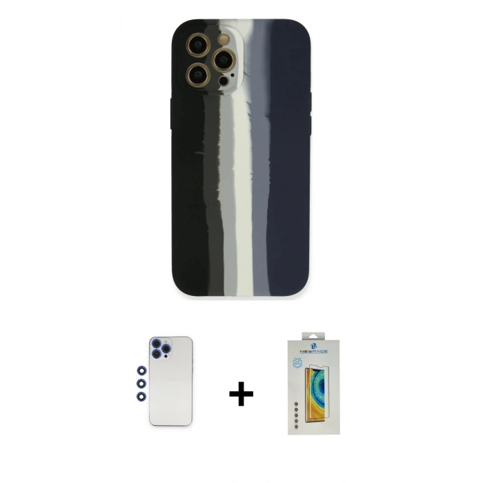 ieg™ iPhone 12 Pro Max Kılıf Yadigar Çizgi - Siyah Polymer Nano Ekran Koruyucu + Lacivert Shine Kamera Lens