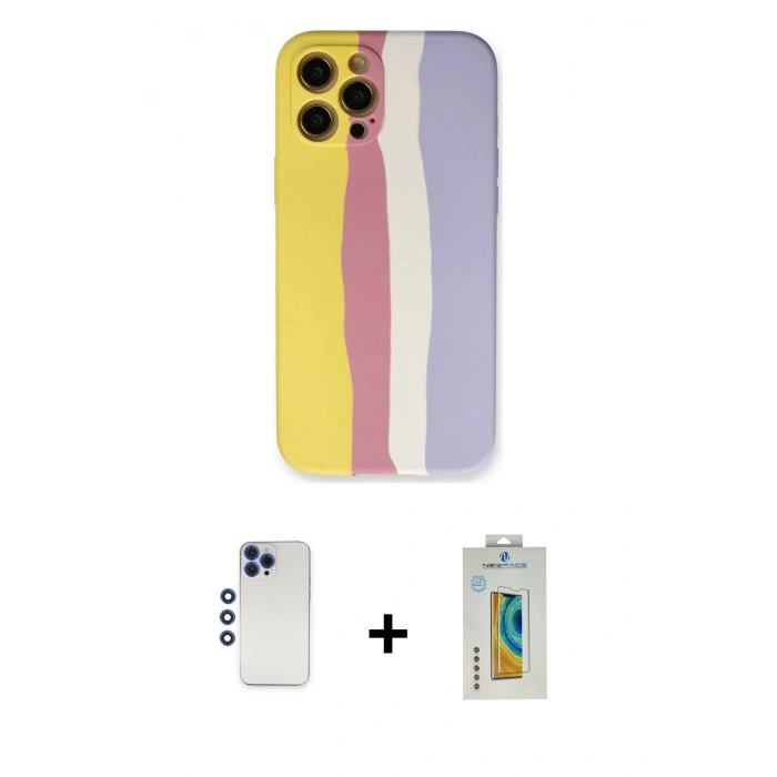 ieg™ iPhone 12 Pro Max Kılıf Yadigar Çizgi - Siyah Polymer Nano Ekran Koruyucu + Lacivert Shine Kamera Lens