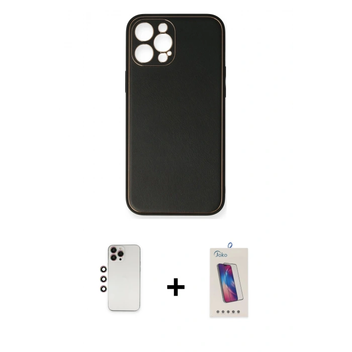 ieg™ iPhone 12 Pro Max Kılıf Yadigar Klasik - Siyah Joko 5D Cam + Gökkuşağı Shine Kamera Lens