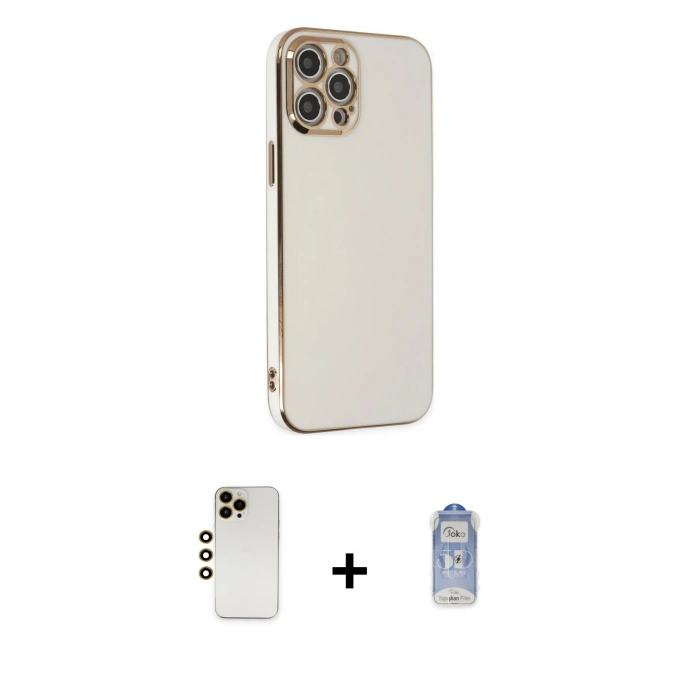 ieg™ iPhone 12 Pro Max Kılıf Yankı Serisi - Siyah Joko Magic 5D Cam + Gold Shine Kamera Lens