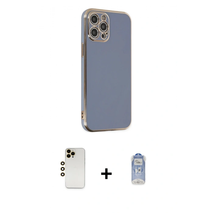 ieg™ iPhone 12 Pro Max Kılıf Yankı Serisi - Siyah Joko Magic 5D Cam + Gold Shine Kamera Lens