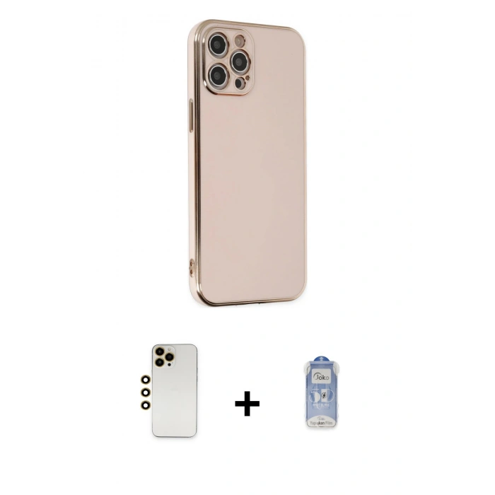 ieg™ iPhone 12 Pro Max Kılıf Yankı Serisi - Siyah Joko Magic 5D Cam + Gold Shine Kamera Lens