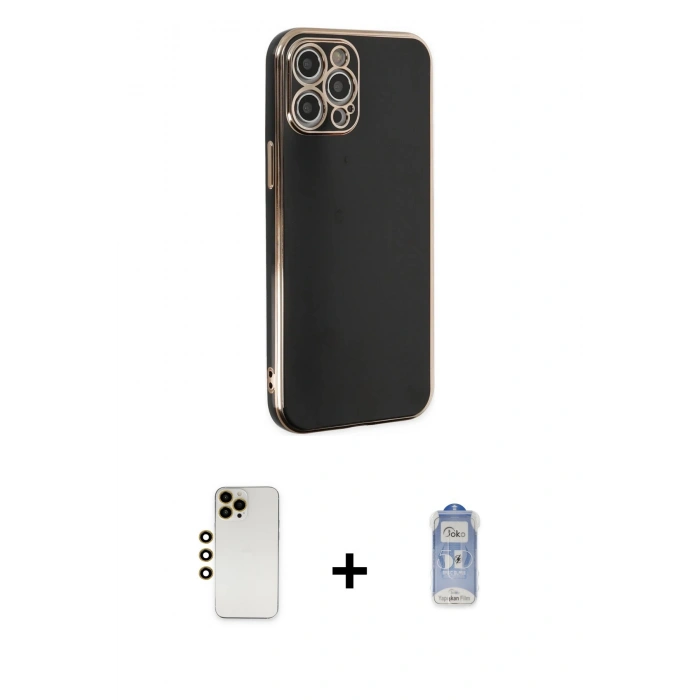 ieg™ iPhone 12 Pro Max Kılıf Yankı Serisi - Siyah Joko Magic 5D Cam + Gold Shine Kamera Lens