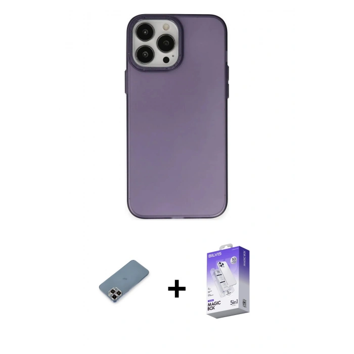 ieg™ iPhone 13 Pro Max Kılıf Ahenk Çizgi Prime - Siyah Bilvis 5in1 3D Magic Cam Ekran Koruyucu + Mor Metal Kamera Lens Koruma Cam
