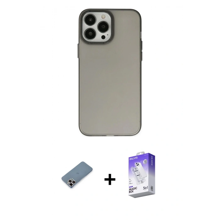 ieg™ iPhone 13 Pro Max Kılıf Ahenk Çizgi Prime - Siyah Bilvis 5in1 3D Magic Cam Ekran Koruyucu + Mor Metal Kamera Lens Koruma Cam