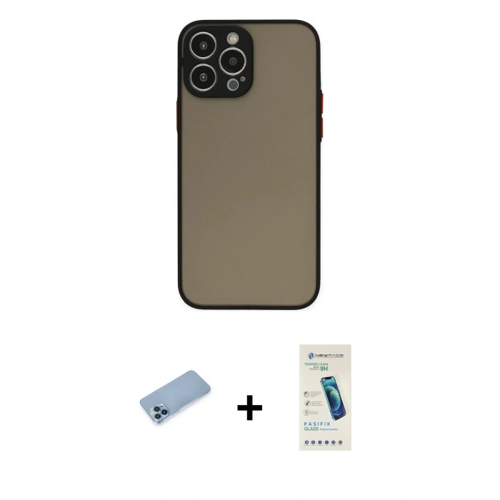ieg™ iPhone 13 Pro Max Kılıf Ahenk Çizgi Serisi - Şeffaf Pasifik Cam Ekran Koruyucu + Mavi Shine Kamera Lens Koruma Cam