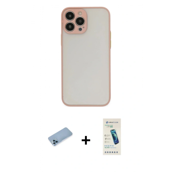 ieg™ iPhone 13 Pro Max Kılıf Ahenk Çizgi Serisi - Şeffaf Pasifik Cam Ekran Koruyucu + Mavi Shine Kamera Lens Koruma Cam