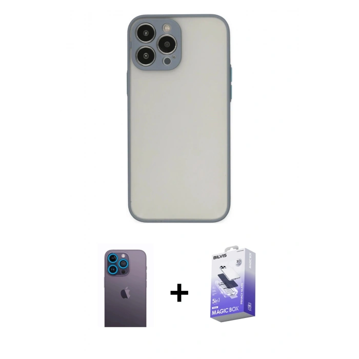 ieg™ iPhone 13 Pro Max Kılıf Ahenk Çizgi Serisi - Siyah Bilvis 5in1 5D Magic Hayalet Cam Ekran Koruyucu + Mavi Neon Fosforlu Kamera Lens