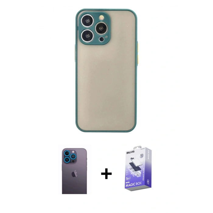 ieg™ iPhone 13 Pro Max Kılıf Ahenk Çizgi Serisi - Siyah Bilvis 5in1 5D Magic Hayalet Cam Ekran Koruyucu + Mavi Neon Fosforlu Kamera Lens