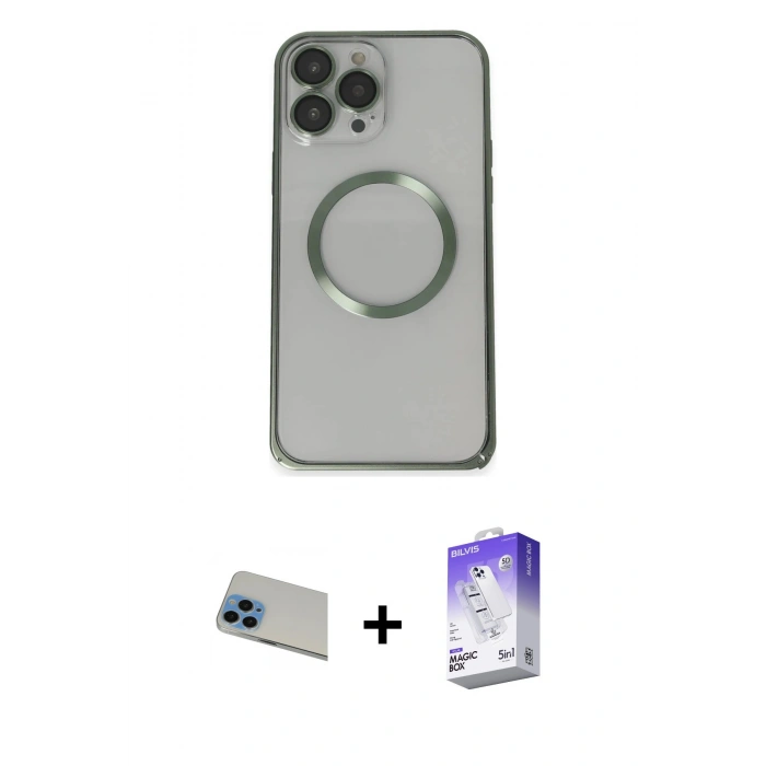 ieg™ iPhone 13 Pro Max Kılıf Ahenk Işık Serisi - Siyah Bilvis 5in1 3D Magic Cam Ekran Koruyucu + Mavi Rainbow Kamera Lens Koruma Cam