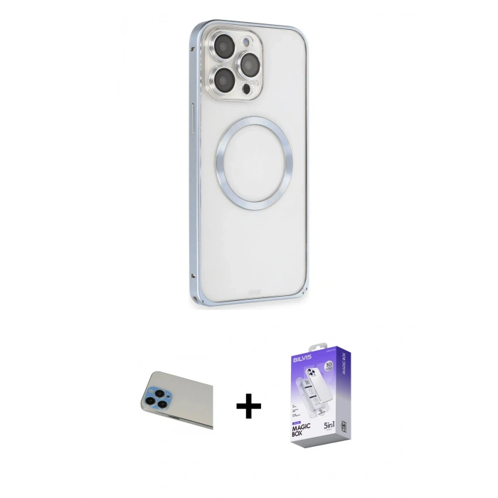 ieg™ iPhone 13 Pro Max Kılıf Ahenk Işık Serisi - Siyah Bilvis 5in1 3D Magic Cam Ekran Koruyucu + Mavi Rainbow Kamera Lens Koruma Cam