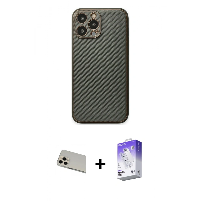 ieg™ iPhone 13 Pro Max Kılıf Ahenk Işık - Siyah Bilvis 5in1 3D Magic Cam Ekran Koruyucu + Rose Gold Rainbow Kamera Lens Koruma Cam