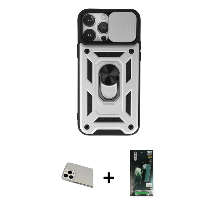 ieg™ iPhone 13 Pro Max Kılıf Ahenk Klasik - Şeffaf 360 Full Body Arka Koruyucu + Beyaz Rainbow Kamera Lens Koruma Cam