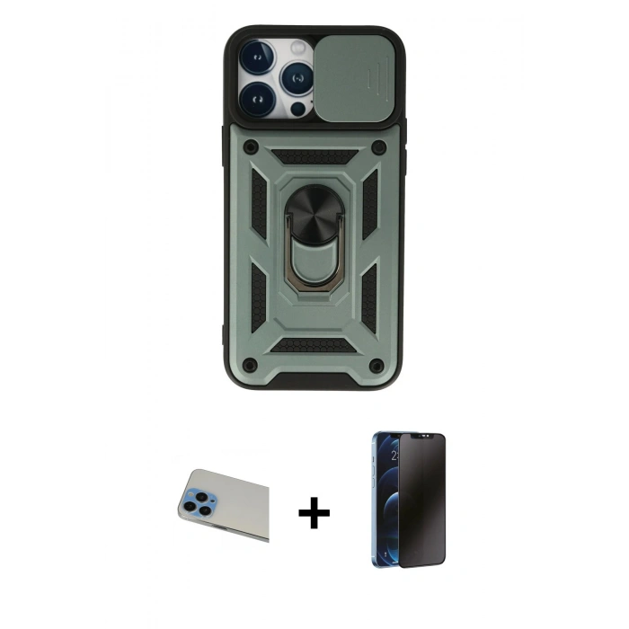 ieg™ iPhone 13 Pro Max Kılıf Ahenk Klasik - Siyah 3D Antistatik Hayalet Cam Ekran Koruyucu + Mavi Rainbow Kamera Lens Koruma Cam