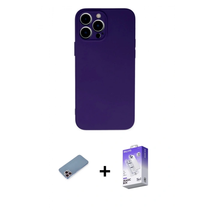 ieg™ iPhone 13 Pro Max Kılıf Ahenk Serisi - Siyah Bilvis 5in1 3D Magic Cam Ekran Koruyucu + Pembe Shine Kamera Lens Koruma Cam