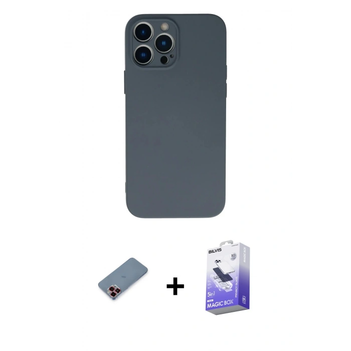 ieg™ iPhone 13 Pro Max Kılıf Ahenk Serisi - Siyah Bilvis 5in1 5D Magic Hayalet Cam Ekran Koruyucu + Kırmızı Metal Kamera Lens Koruma Cam
