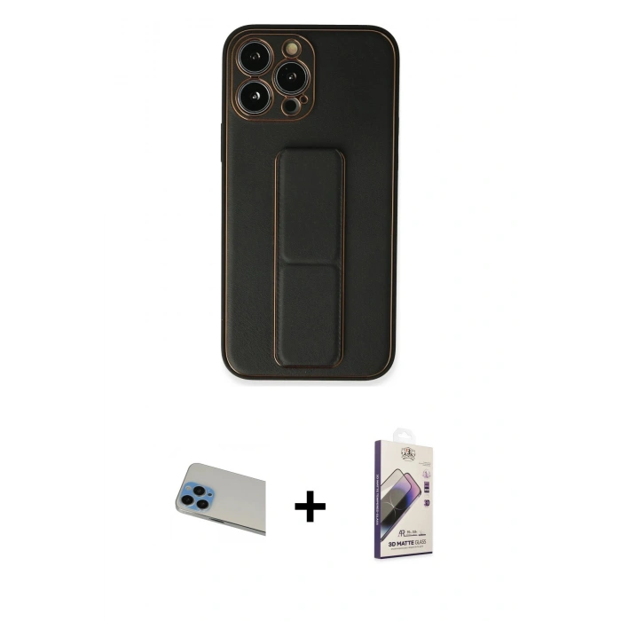 ieg™ iPhone 13 Pro Max Kılıf Akış Doku - Siyah Bilvis 3D Mat Cam Ekran Koruyucu + Mavi Rainbow Kamera Lens Koruma Cam