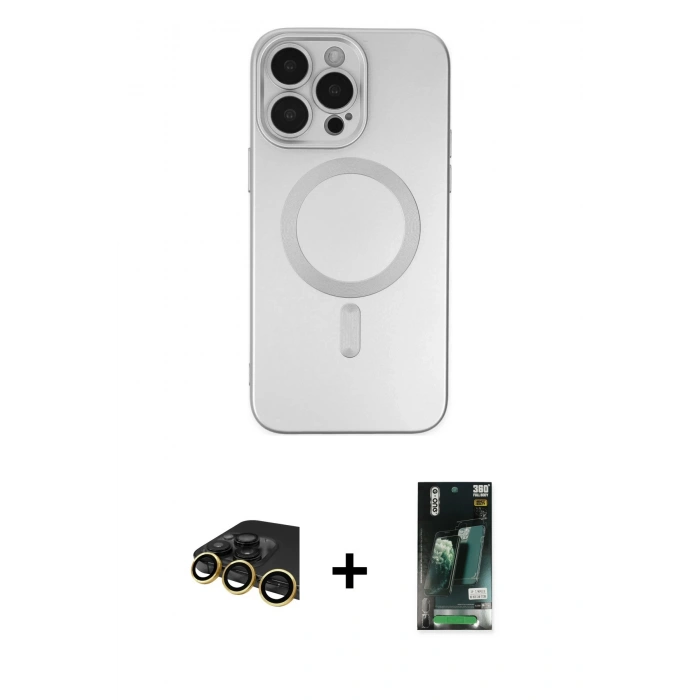 ieg™ iPhone 13 Pro Max Kılıf Akış Minimal Özel Seri - Şeffaf 360 Full Body Arka Koruyucu + Gold Raze Metal Kamera Lens