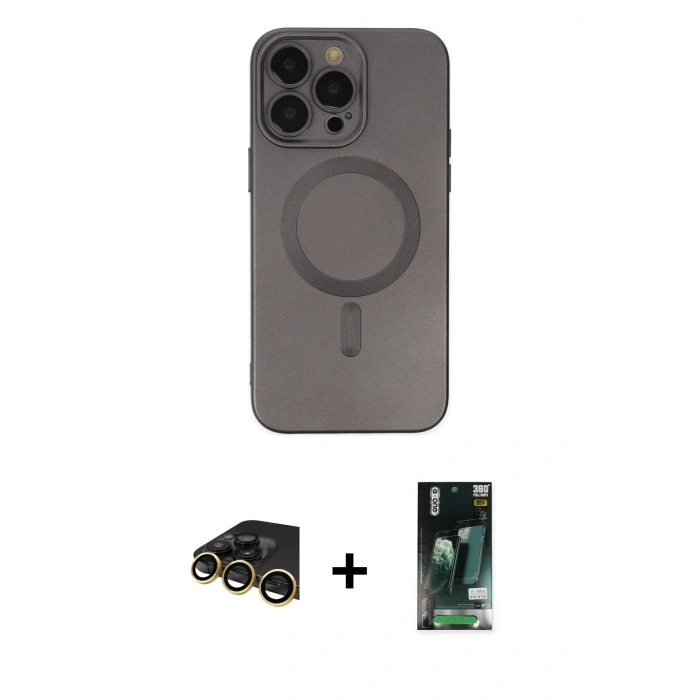 ieg™ iPhone 13 Pro Max Kılıf Akış Minimal Özel Seri - Şeffaf 360 Full Body Arka Koruyucu + Gold Raze Metal Kamera Lens
