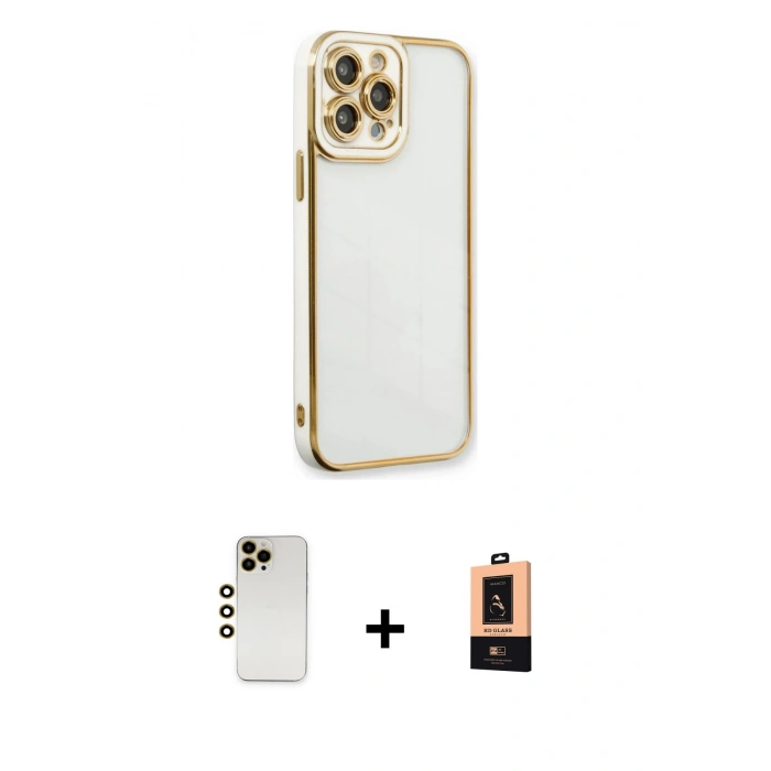 ieg™ iPhone 13 Pro Max Kılıf Çekirdek Klasik Serisi - Şeffaf Maxco Cam Ekran Koruyucu + Gold Shine Kamera Lens