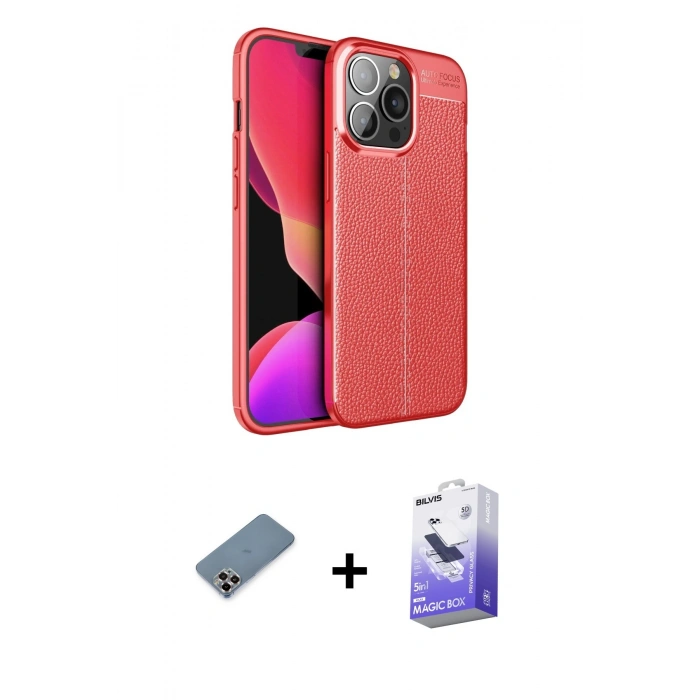 ieg™ iPhone 13 Pro Max Kılıf Doruk Klasik Özel Seri - Siyah Bilvis 5in1 5D Magic Hayalet Cam Ekran Koruyucu + Mor Metal Kamera Lens Koruma Cam