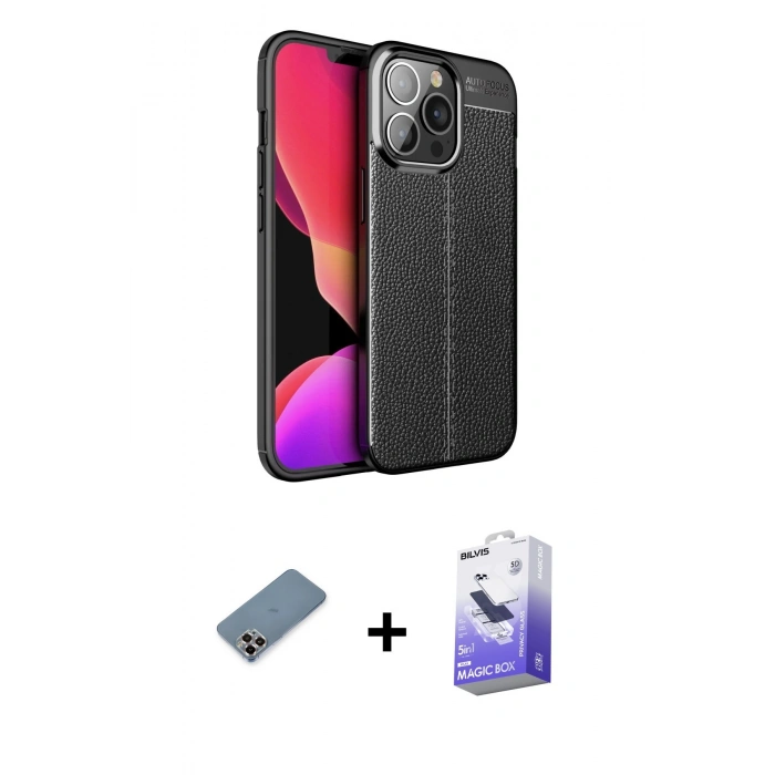 ieg™ iPhone 13 Pro Max Kılıf Doruk Klasik Özel Seri - Siyah Bilvis 5in1 5D Magic Hayalet Cam Ekran Koruyucu + Mor Metal Kamera Lens Koruma Cam