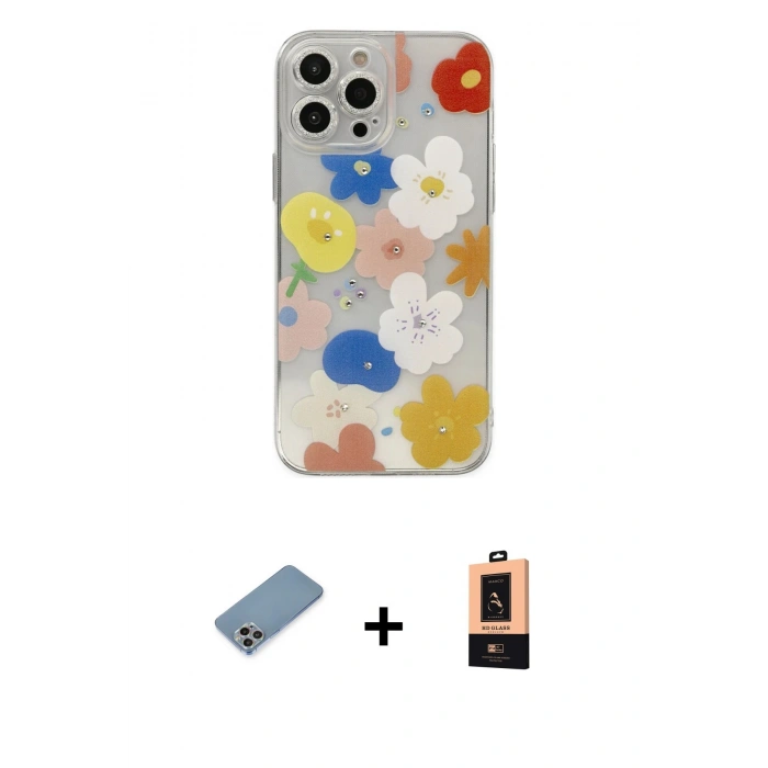 ieg™ iPhone 13 Pro Max Kılıf Eksen Asil Prime - Şeffaf Maxco Cam Ekran Koruyucu + Gökkuşağı Shine Kamera Lens Koruma Cam