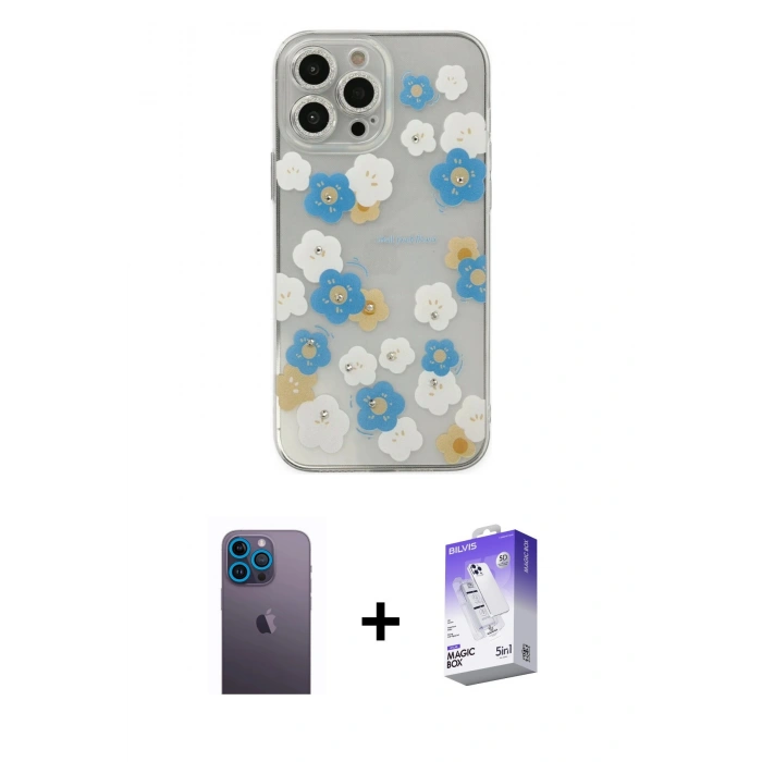ieg™ iPhone 13 Pro Max Kılıf Eksen Asil Prime - Siyah Bilvis 5in1 3D Magic Cam Ekran Koruyucu + Mavi Neon Fosforlu Kamera Lens