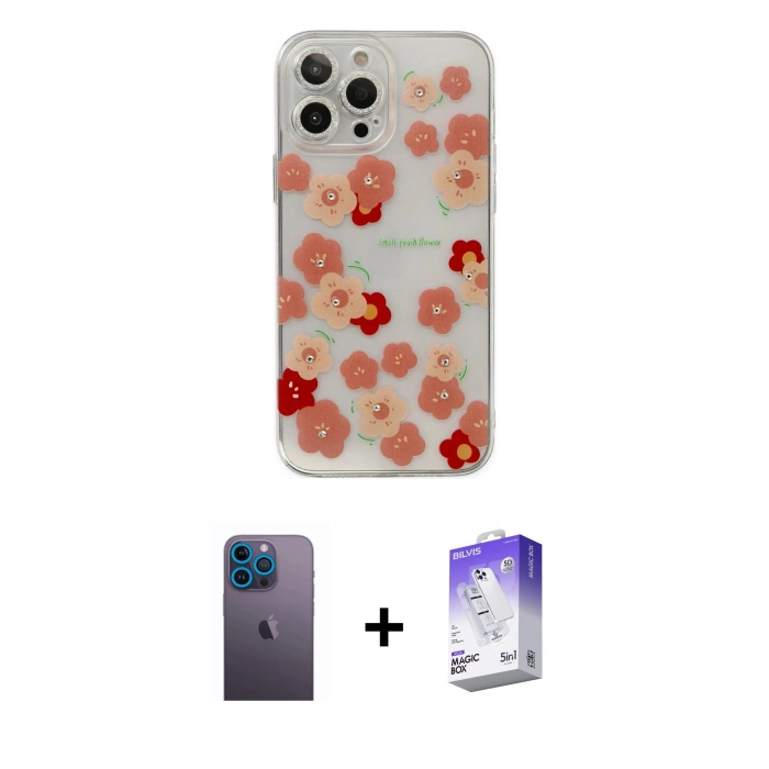 ieg™ iPhone 13 Pro Max Kılıf Eksen Asil Prime - Siyah Bilvis 5in1 3D Magic Cam Ekran Koruyucu + Mavi Neon Fosforlu Kamera Lens