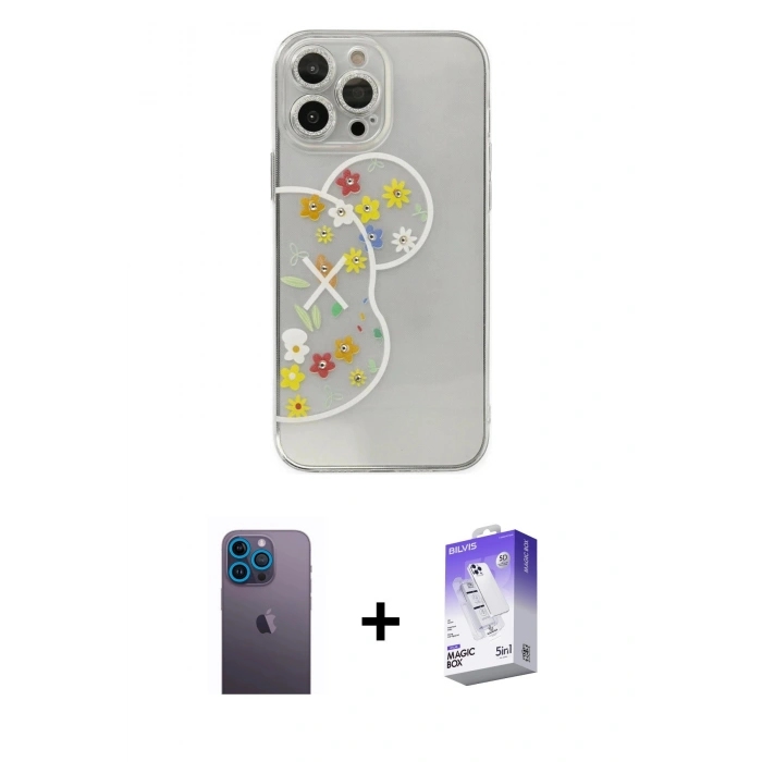 ieg™ iPhone 13 Pro Max Kılıf Eksen Asil Prime - Siyah Bilvis 5in1 3D Magic Cam Ekran Koruyucu + Mavi Neon Fosforlu Kamera Lens
