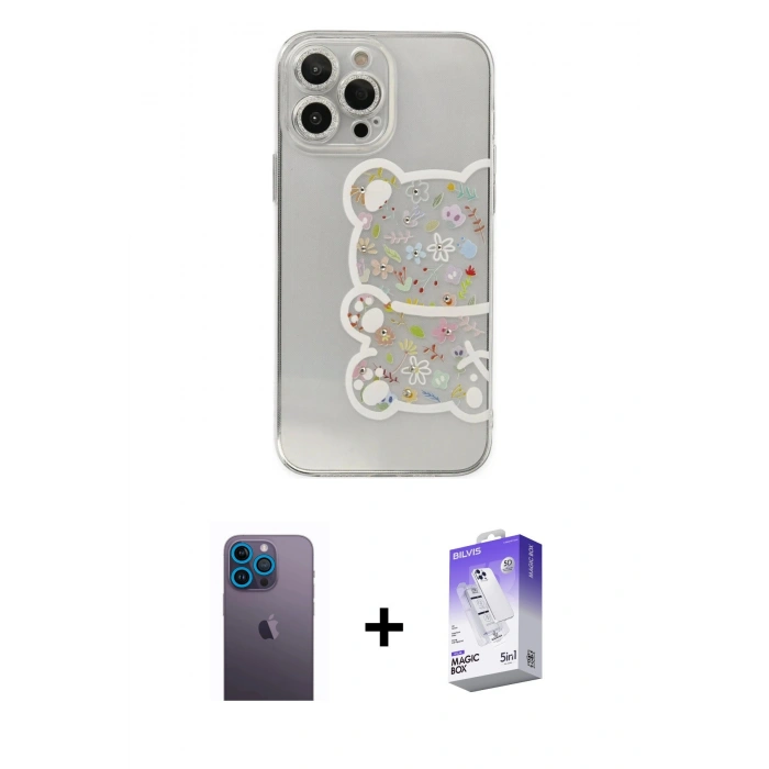ieg™ iPhone 13 Pro Max Kılıf Eksen Asil Prime - Siyah Bilvis 5in1 3D Magic Cam Ekran Koruyucu + Mavi Neon Fosforlu Kamera Lens