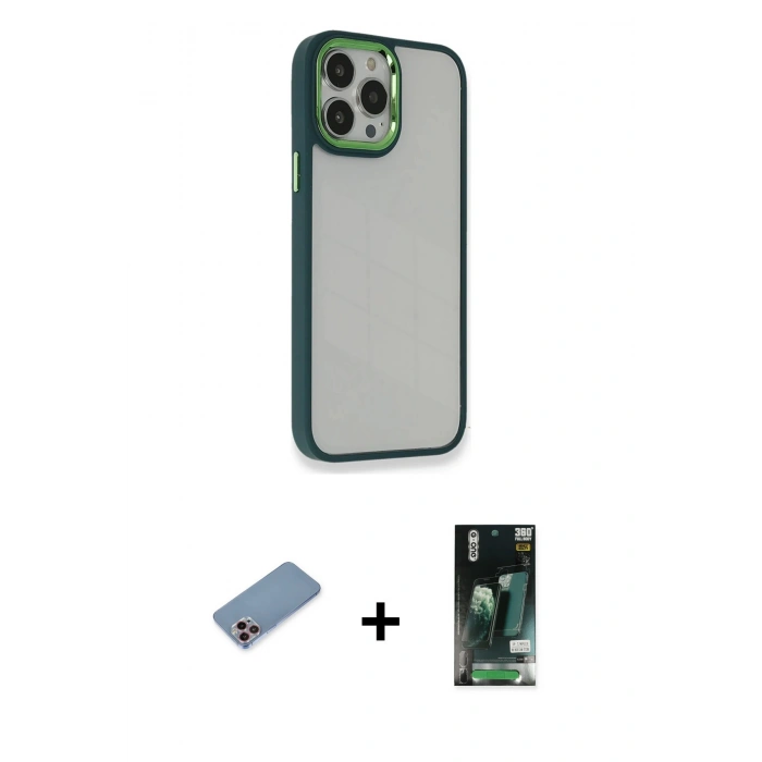 ieg™ iPhone 13 Pro Max Kılıf Eksen Doku Prime - Şeffaf 360 Full Body Arka Koruyucu + Pembe Shine Kamera Lens Koruma Cam