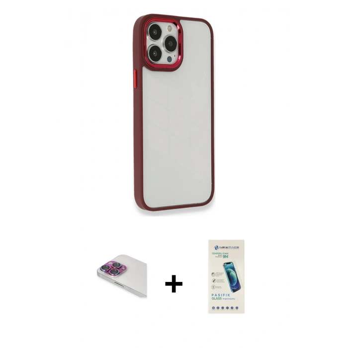ieg™ iPhone 13 Pro Max Kılıf Eksen Doku Prime - Şeffaf Pasifik Cam Ekran Koruyucu + Gökkuşağı Pers Alüminyum Kamera Lens