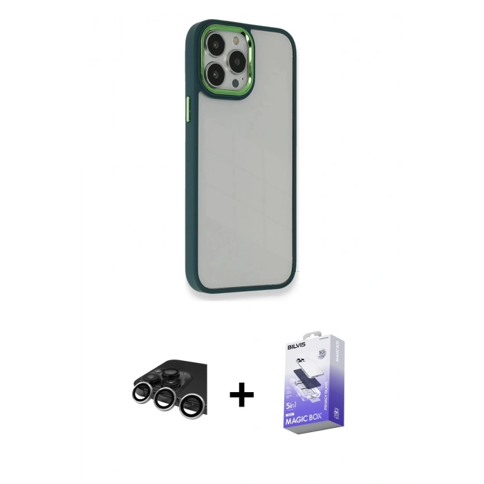 ieg™ iPhone 13 Pro Max Kılıf Eksen Doku Prime - Siyah Bilvis 5in1 5D Magic Hayalet Cam Ekran Koruyucu + Gümüş Raze Metal Kamera Lens