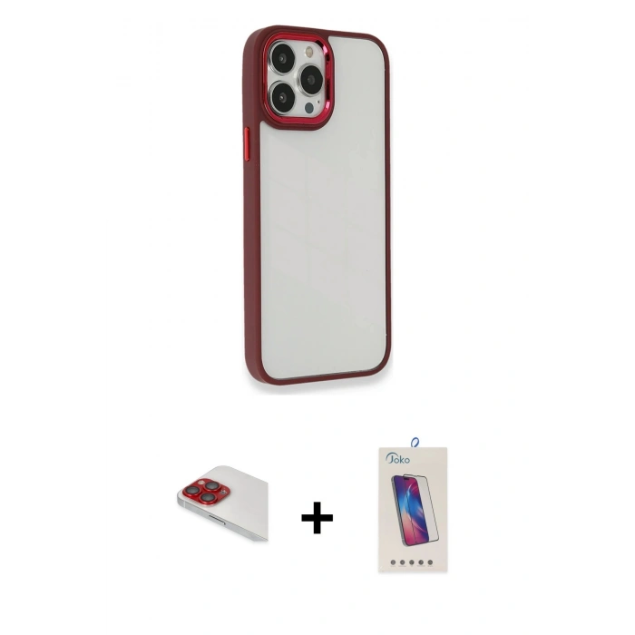 ieg™ iPhone 13 Pro Max Kılıf Eksen Doku Prime - Siyah Joko 5D Cam + Kırmızı Pers Alüminyum Kamera Lens