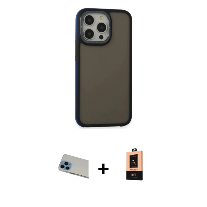 ieg™ iPhone 13 Pro Max Kılıf Eksen Işık - Şeffaf Maxco Cam Ekran Koruyucu + Mavi Rainbow Kamera Lens Koruma Cam