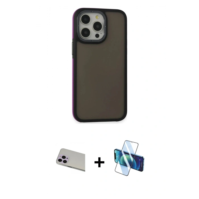 ieg™ iPhone 13 Pro Max Kılıf Eksen Işık - Siyah 3D Antistatik Cam Ekran Koruyucu + Mor Rainbow Kamera Lens Koruma Cam