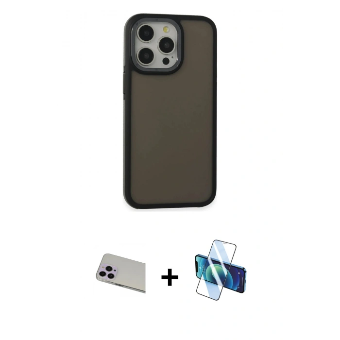 ieg™ iPhone 13 Pro Max Kılıf Eksen Işık - Siyah 3D Antistatik Cam Ekran Koruyucu + Mor Rainbow Kamera Lens Koruma Cam