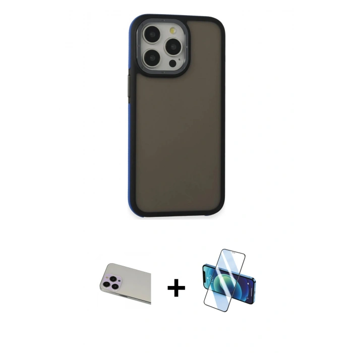 ieg™ iPhone 13 Pro Max Kılıf Eksen Işık - Siyah 3D Antistatik Cam Ekran Koruyucu + Mor Rainbow Kamera Lens Koruma Cam