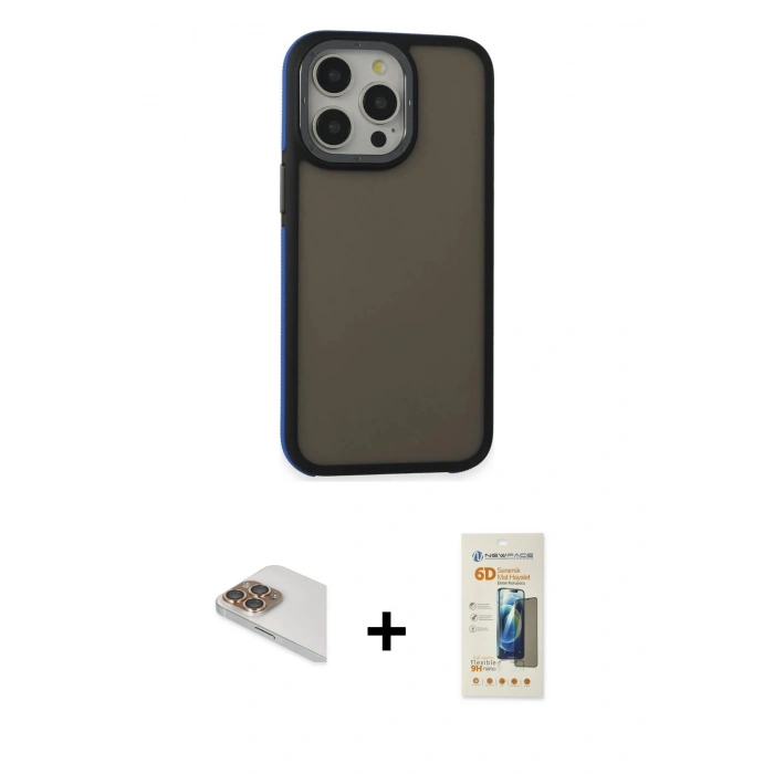 ieg™ iPhone 13 Pro Max Kılıf Eksen Işık - Siyah 6D Mat Seramik Hayalet Nano Ekran Koruyucu + Gold Pers Alüminyum Kamera Lens