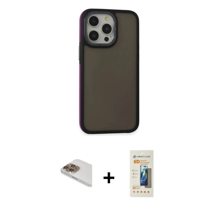 ieg™ iPhone 13 Pro Max Kılıf Eksen Işık - Siyah 6D Mat Seramik Hayalet Nano Ekran Koruyucu + Gold Pers Alüminyum Kamera Lens