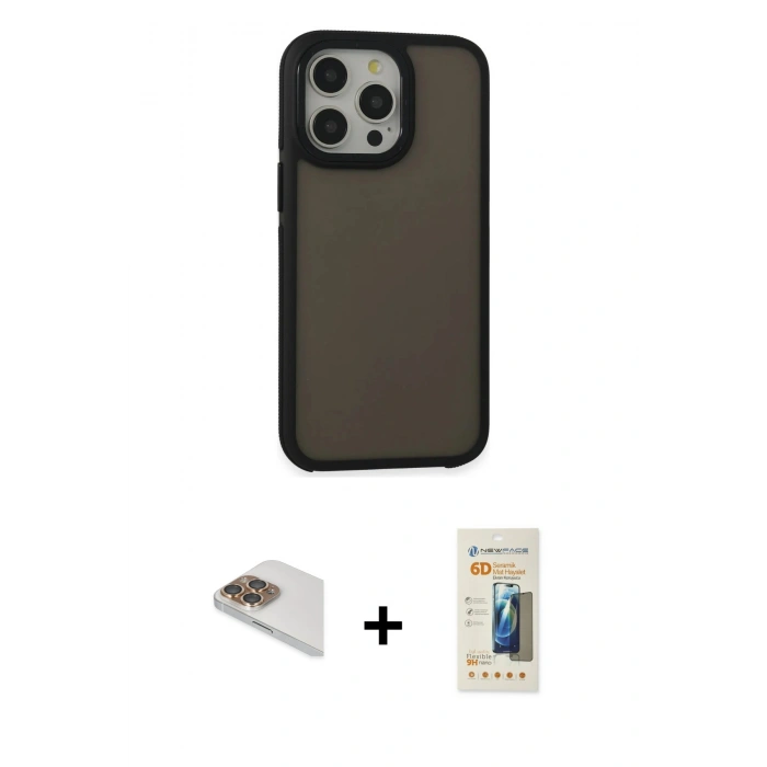 ieg™ iPhone 13 Pro Max Kılıf Eksen Işık - Siyah 6D Mat Seramik Hayalet Nano Ekran Koruyucu + Gold Pers Alüminyum Kamera Lens