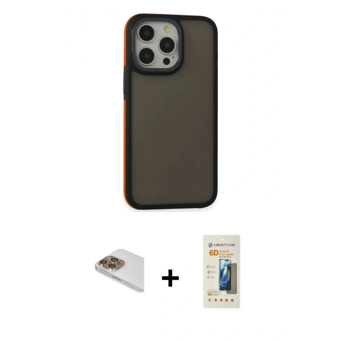 ieg™ iPhone 13 Pro Max Kılıf Eksen Işık - Siyah 6D Mat Seramik Hayalet Nano Ekran Koruyucu + Gold Pers Alüminyum Kamera Lens