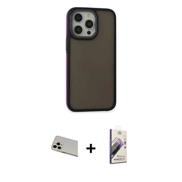 ieg™ iPhone 13 Pro Max Kılıf Eksen Işık - Siyah Bilvis 3D Mat Cam Ekran Koruyucu + Rose Gold Rainbow Kamera Lens Koruma Cam