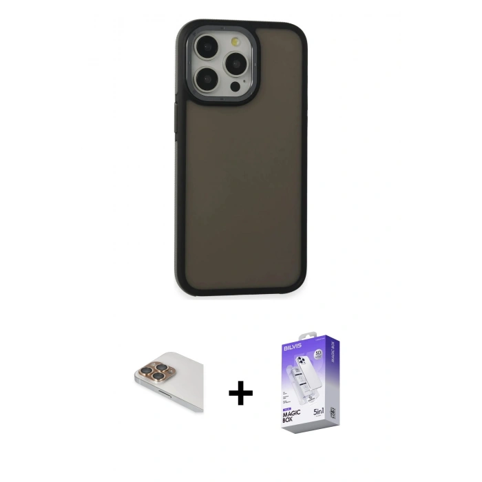 ieg™ iPhone 13 Pro Max Kılıf Eksen Işık - Siyah Bilvis 5in1 3D Magic Cam Ekran Koruyucu + Gold Pers Alüminyum Kamera Lens